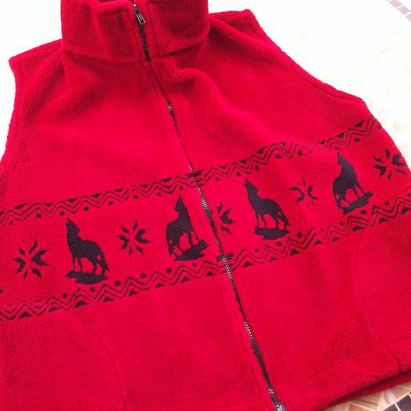 Vintage Silver Threads Great Falls USA Fleece Vest -M Pockets Coyote Western Red - Picture 2 of 10